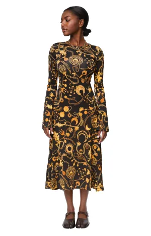 BACK-DRAWSTRING FLUID DRESS (PRINT/BLACK)