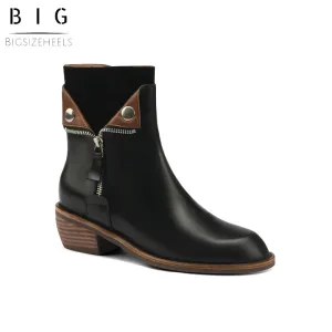 Bigsizeheels Polished round toe retro short boots - Black