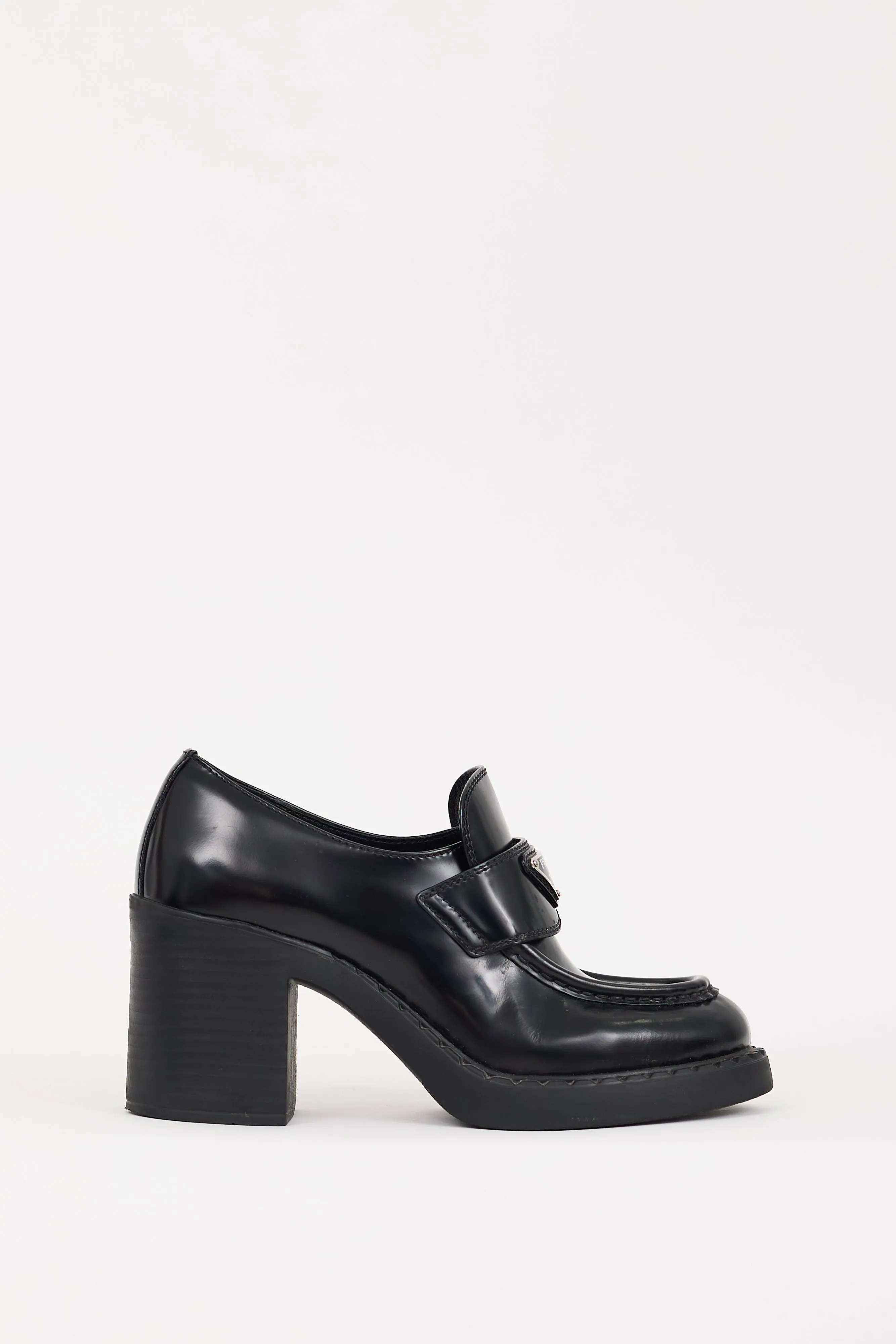 Black Leather Triangle Logo Heeled Loafer