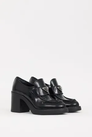 Black Leather Triangle Logo Heeled Loafer