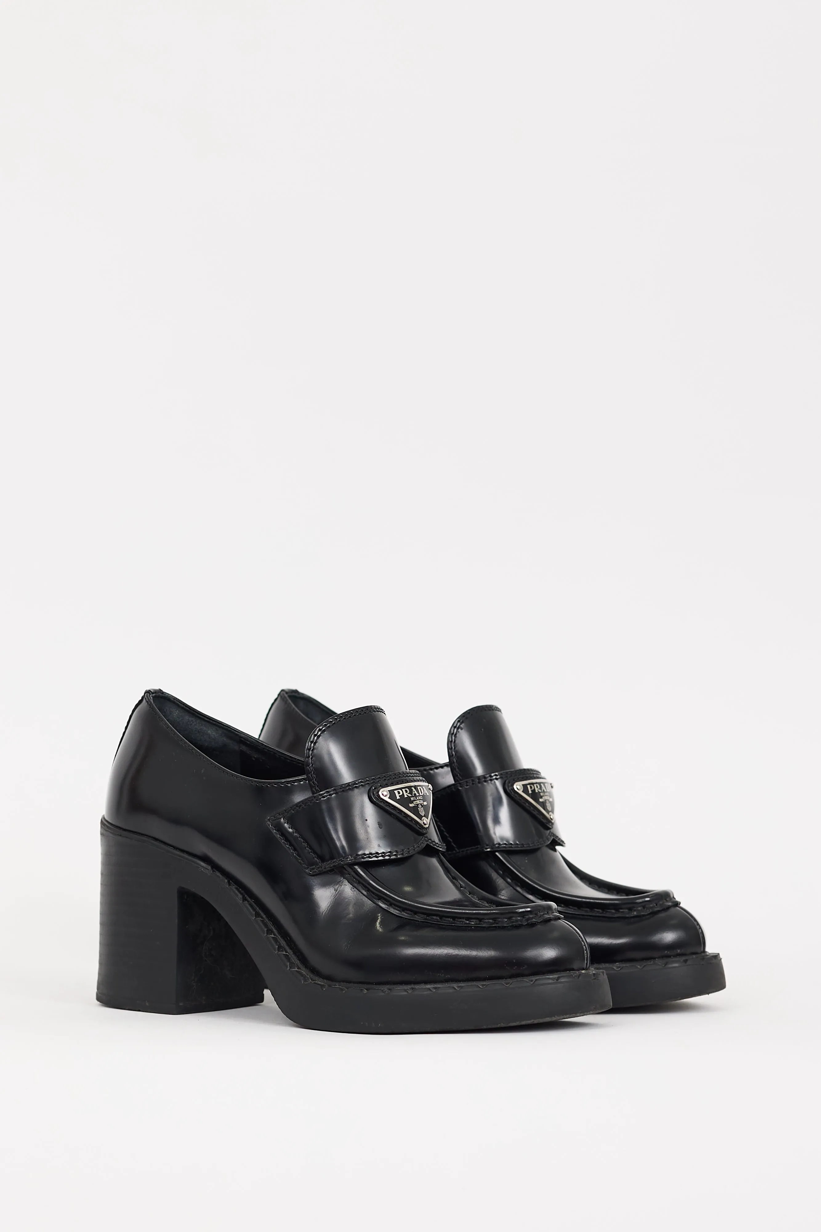 Black Leather Triangle Logo Heeled Loafer