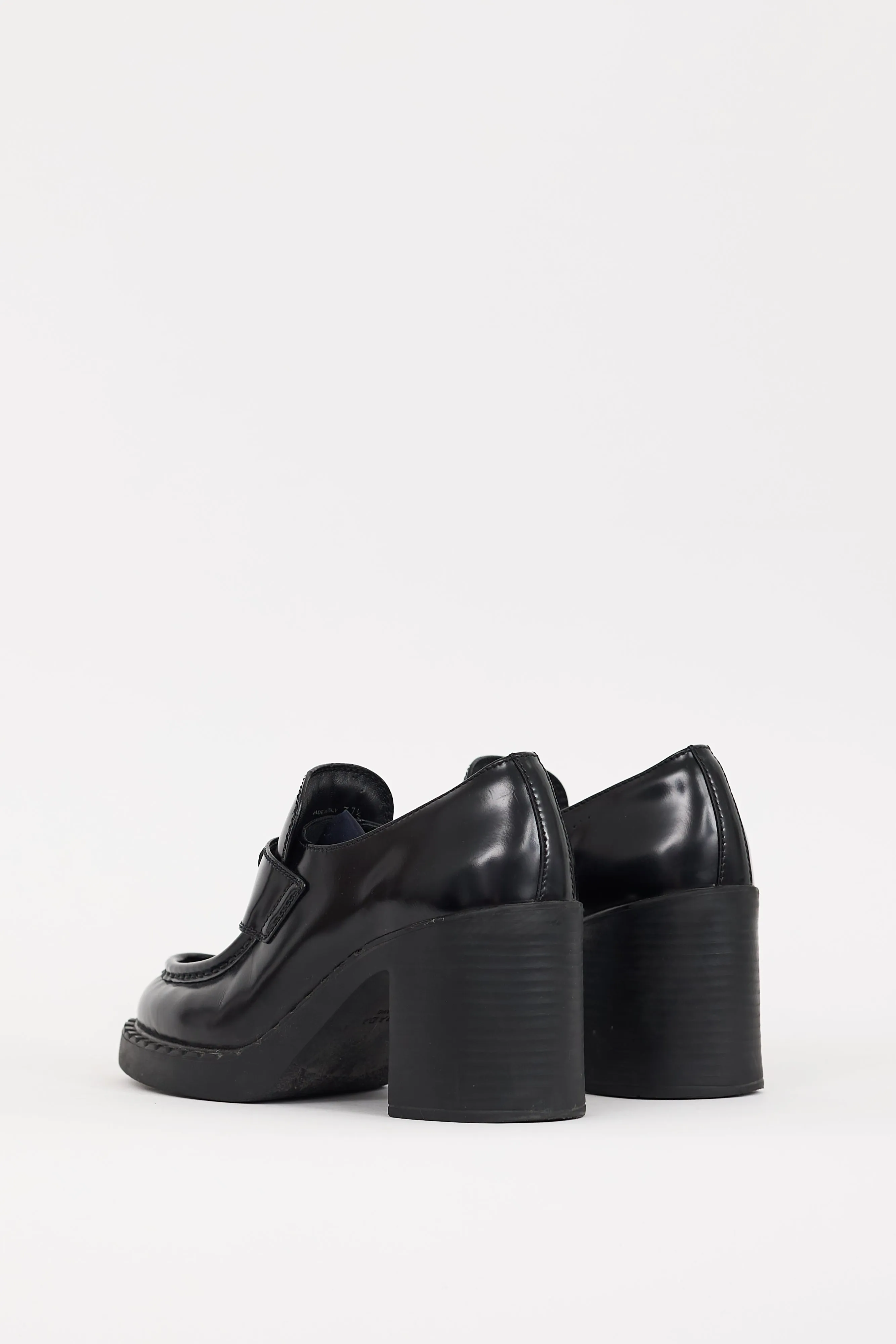Black Leather Triangle Logo Heeled Loafer