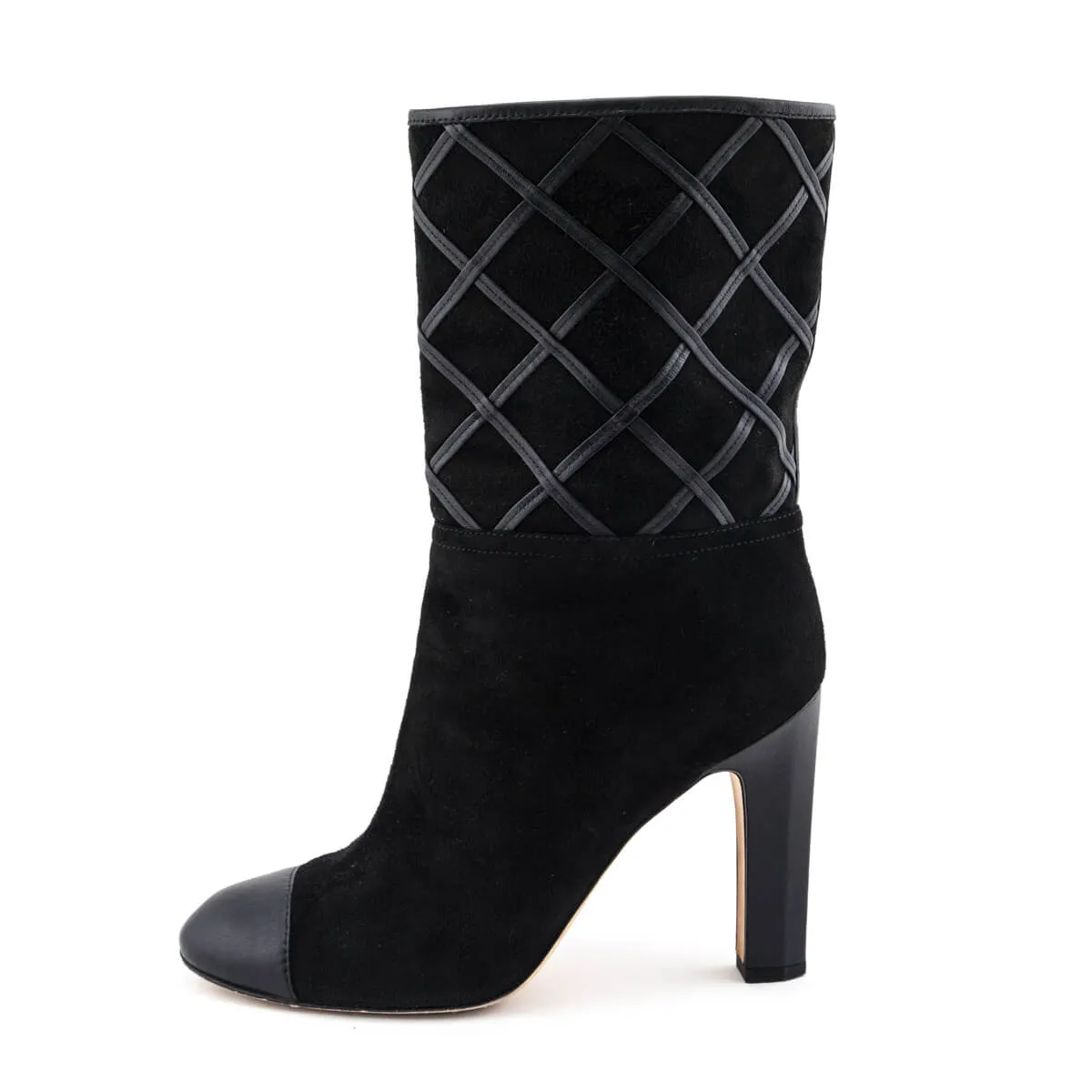Chanel Black Suede & Leather Diamond Stitch Mid-Calf CC Boots Size US 8.5 | EU 38.5