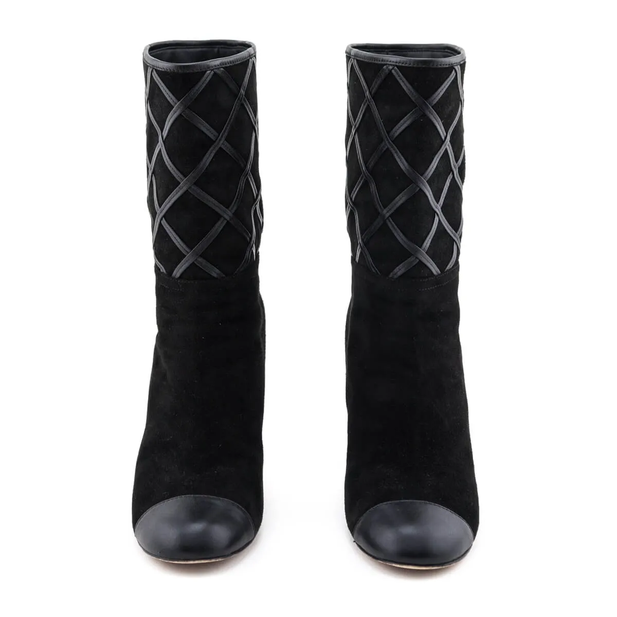 Chanel Black Suede & Leather Diamond Stitch Mid-Calf CC Boots Size US 8.5 | EU 38.5