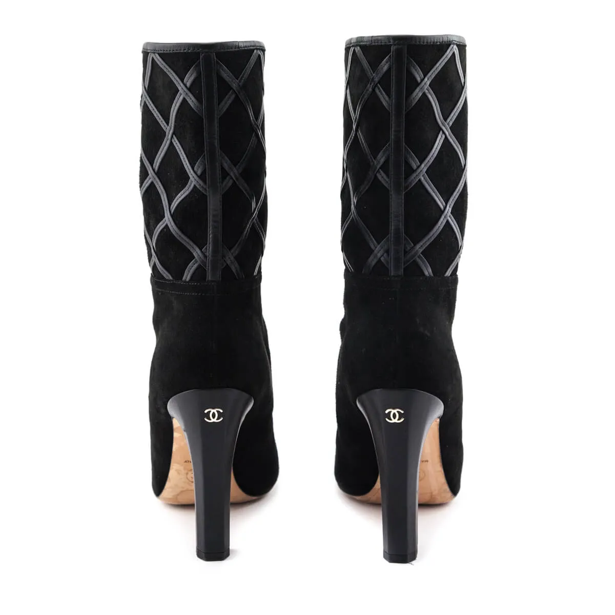 Chanel Black Suede & Leather Diamond Stitch Mid-Calf CC Boots Size US 8.5 | EU 38.5