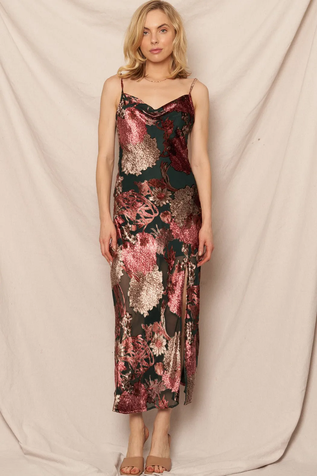 DANI COWL NECK FLORAL PRINT MIDI DRESS
