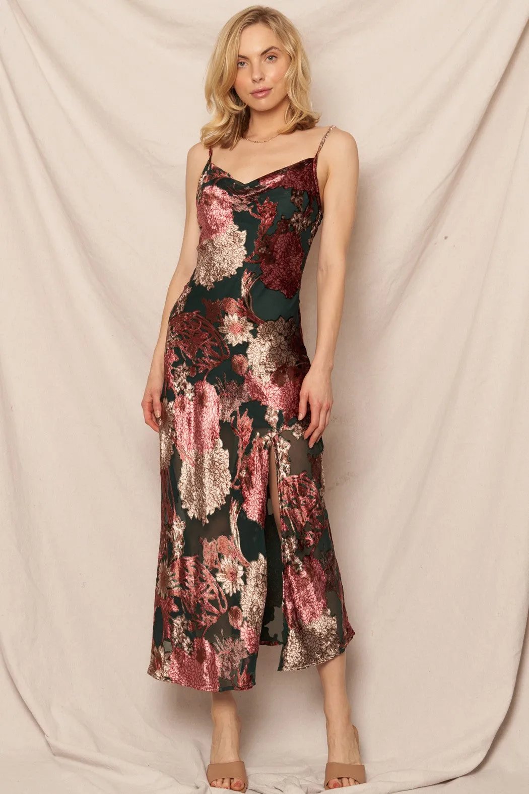 DANI COWL NECK FLORAL PRINT MIDI DRESS