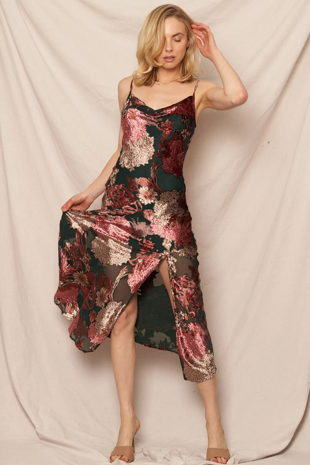 DANI COWL NECK FLORAL PRINT MIDI DRESS