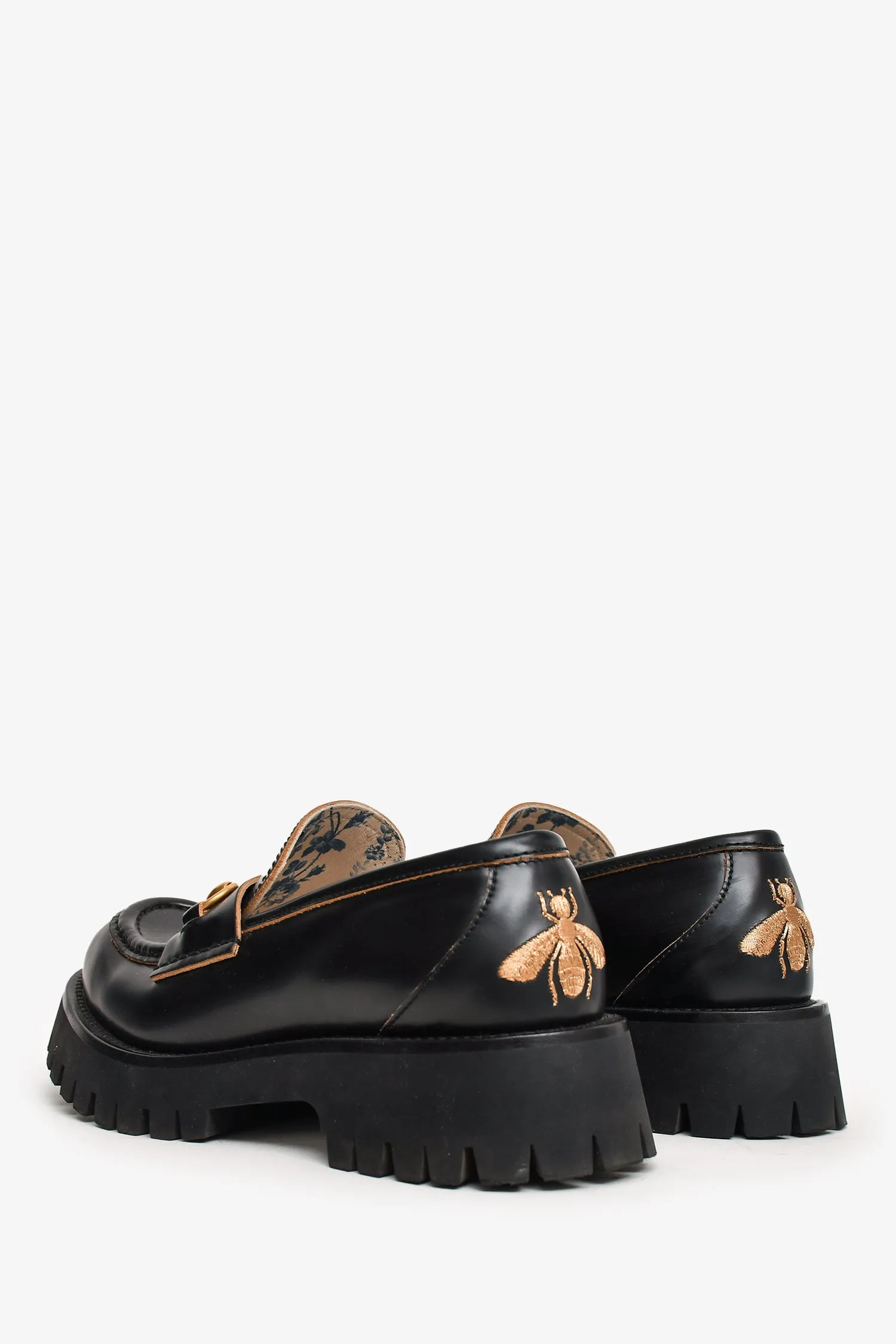 Gucci Black Brushed Leather Horsebit Lug Sole Loafers Size 38