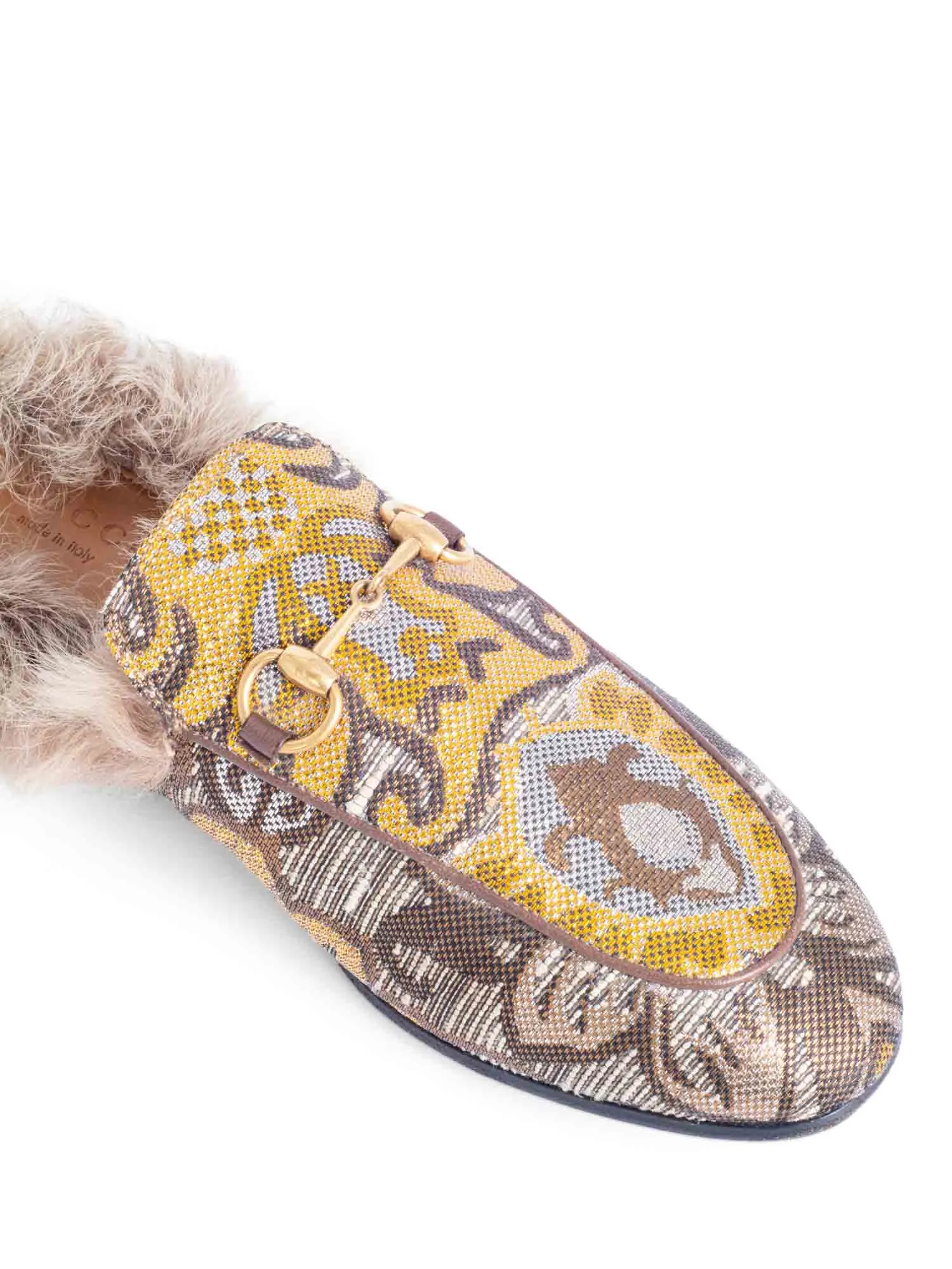 Gucci Brocade Horsebit Buckle Fur Lined Slip On Loafers Beige Multicolor