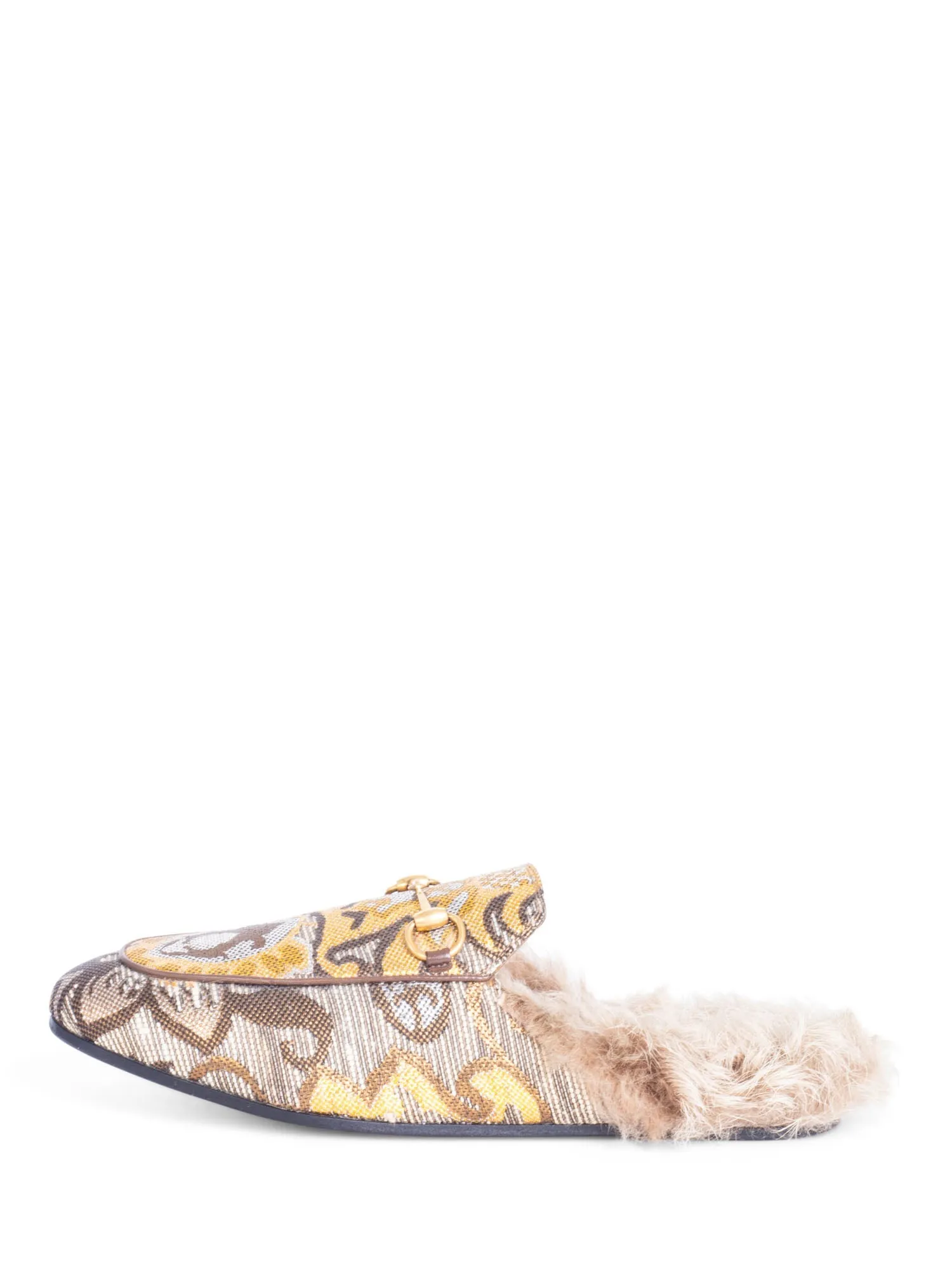 Gucci Brocade Horsebit Buckle Fur Lined Slip On Loafers Beige Multicolor