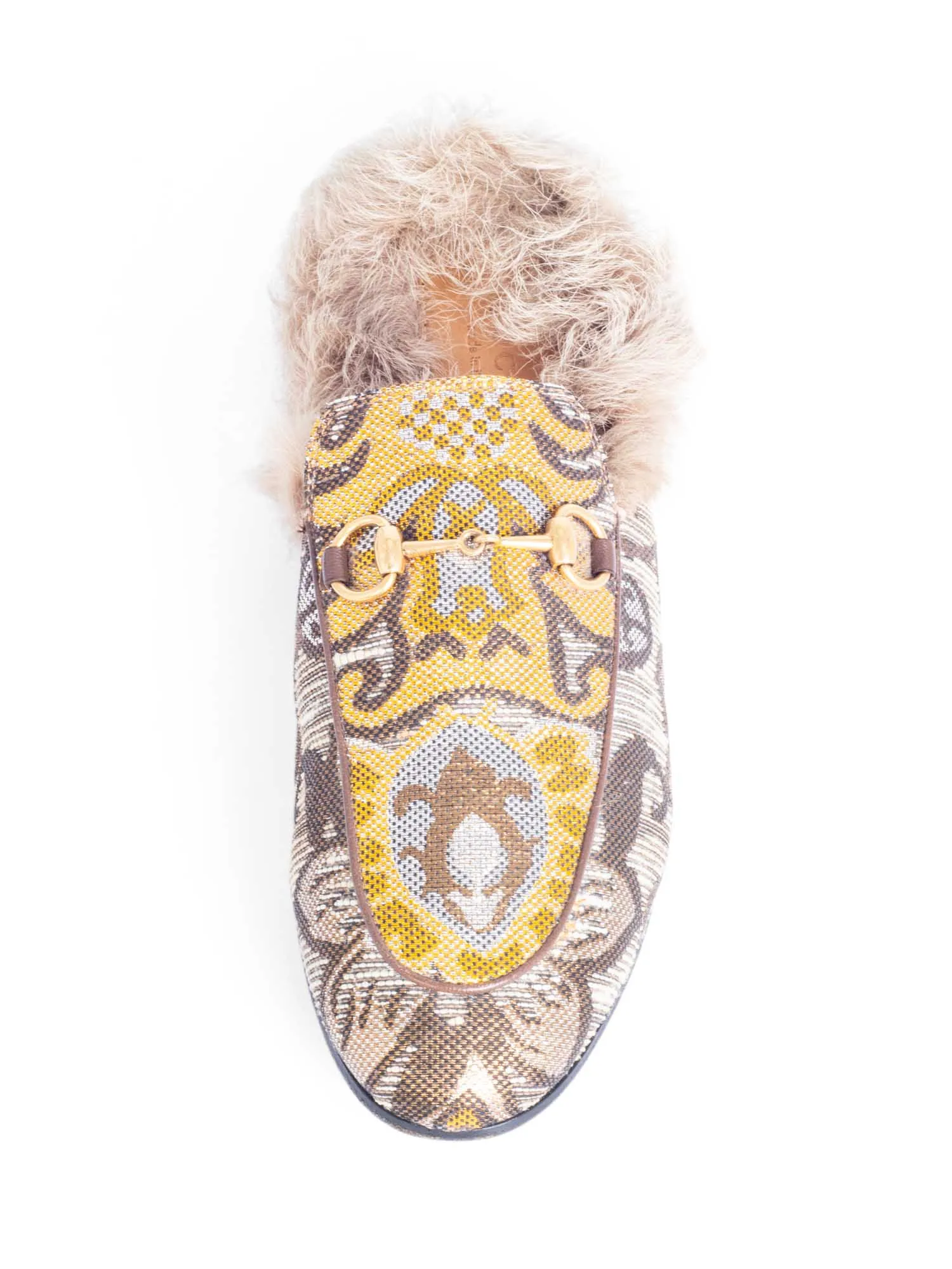 Gucci Brocade Horsebit Buckle Fur Lined Slip On Loafers Beige Multicolor