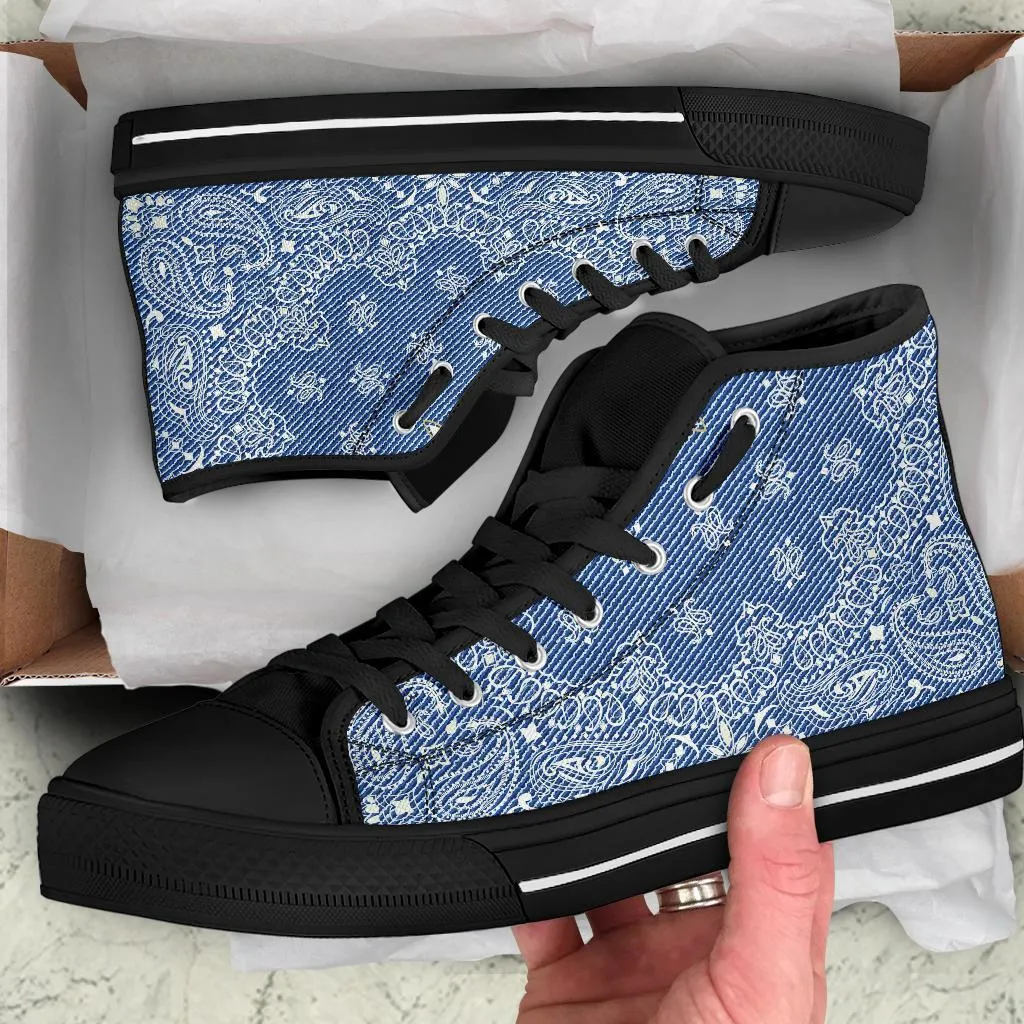 High Top Sneakers - Blue Paisley Print (Black) | Custom High Top Shoes, Patterned High Top Sneakers, High Top Sneakers for Women, Unisex Shoes