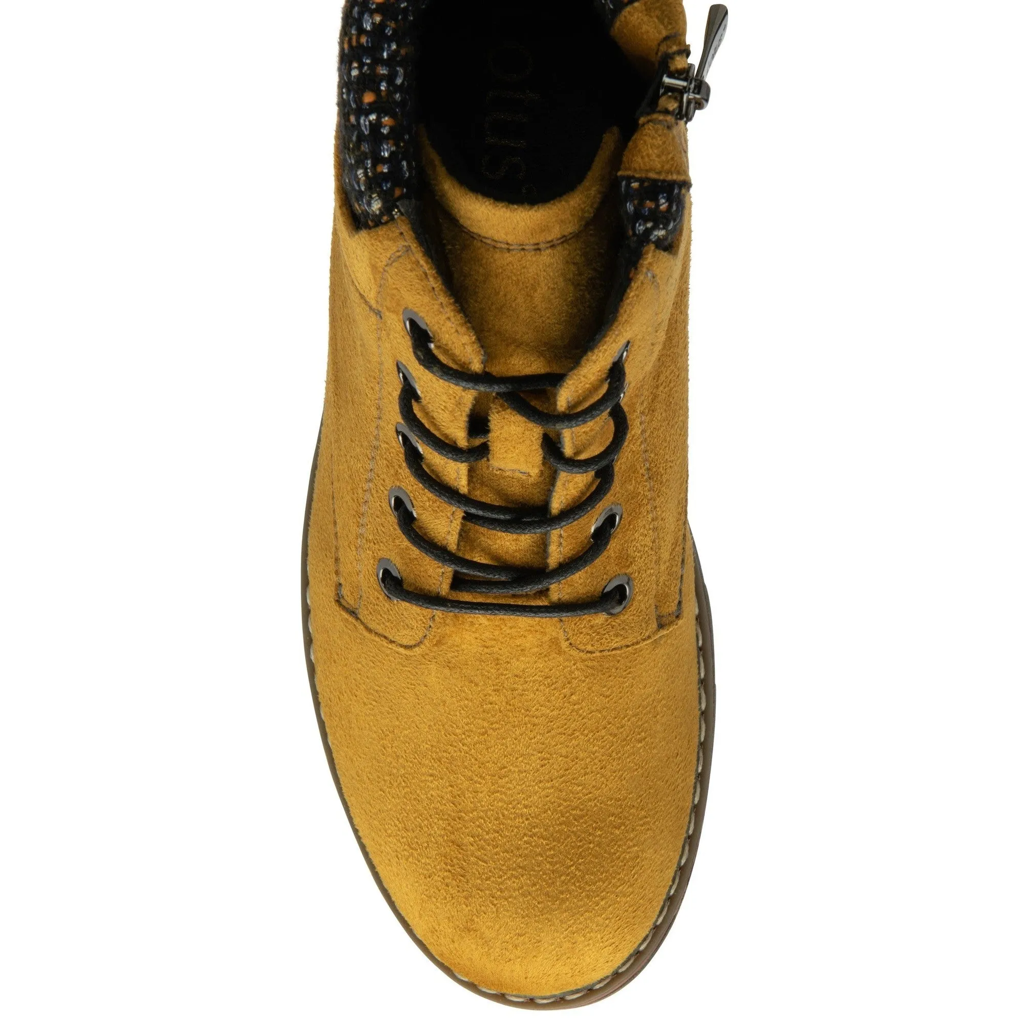 Lotus Drew Ladies Mustard Yellow Textile Zip & Lace Ankle Boots