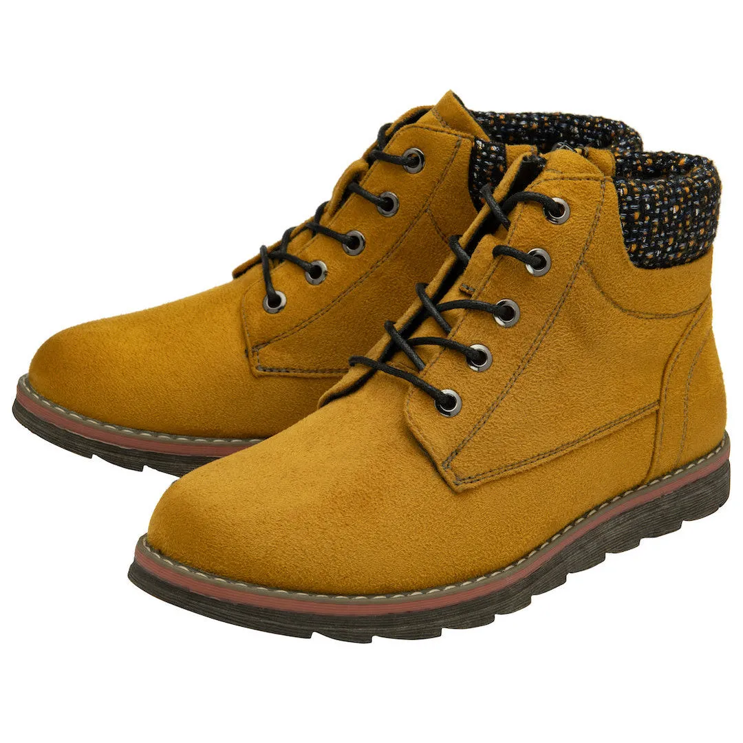 Lotus Drew Ladies Mustard Yellow Textile Zip & Lace Ankle Boots