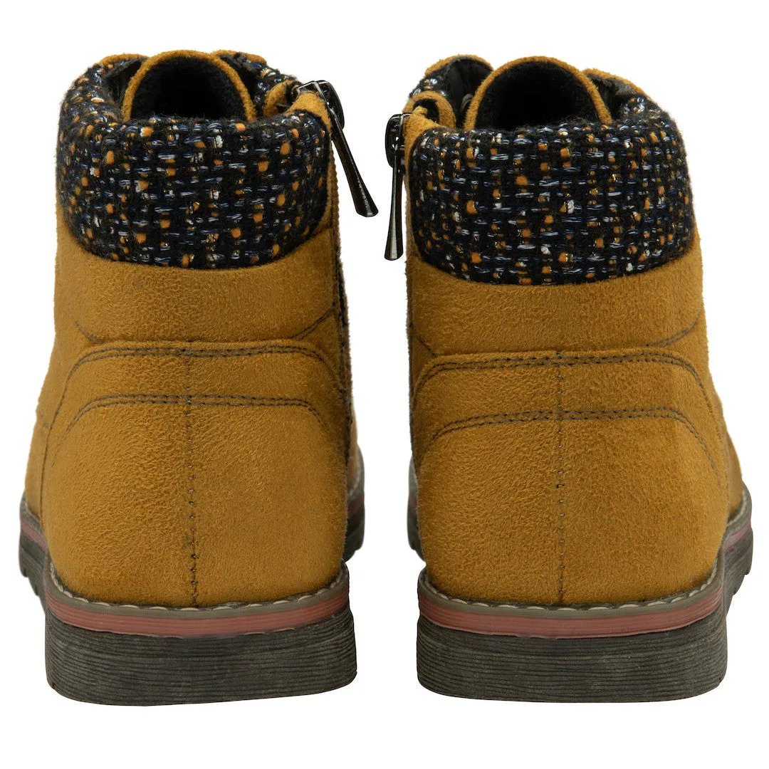 Lotus Drew Ladies Mustard Yellow Textile Zip & Lace Ankle Boots