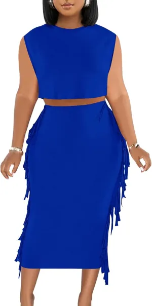 LYANER Women's 2 Piece Outfits Crewneck Fringe Sleeveless Crop Top and Tassel Trim Bodycon Midi Skirt Set