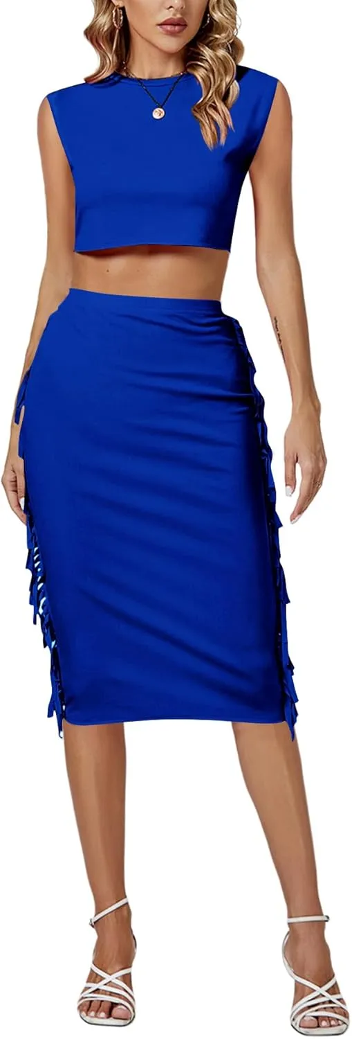 LYANER Women's 2 Piece Outfits Crewneck Fringe Sleeveless Crop Top and Tassel Trim Bodycon Midi Skirt Set