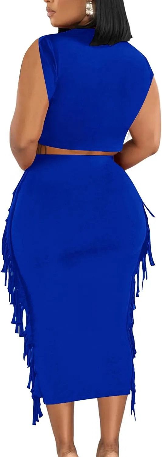 LYANER Women's 2 Piece Outfits Crewneck Fringe Sleeveless Crop Top and Tassel Trim Bodycon Midi Skirt Set