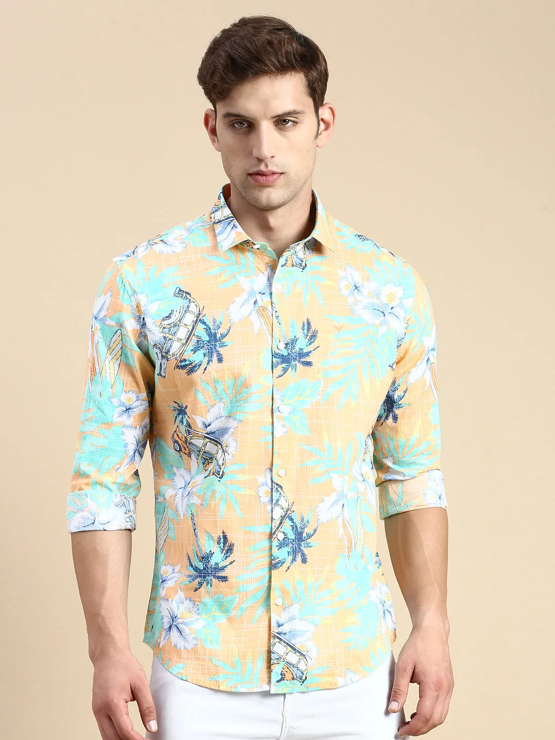 Men Orange Printed Casual Shirt