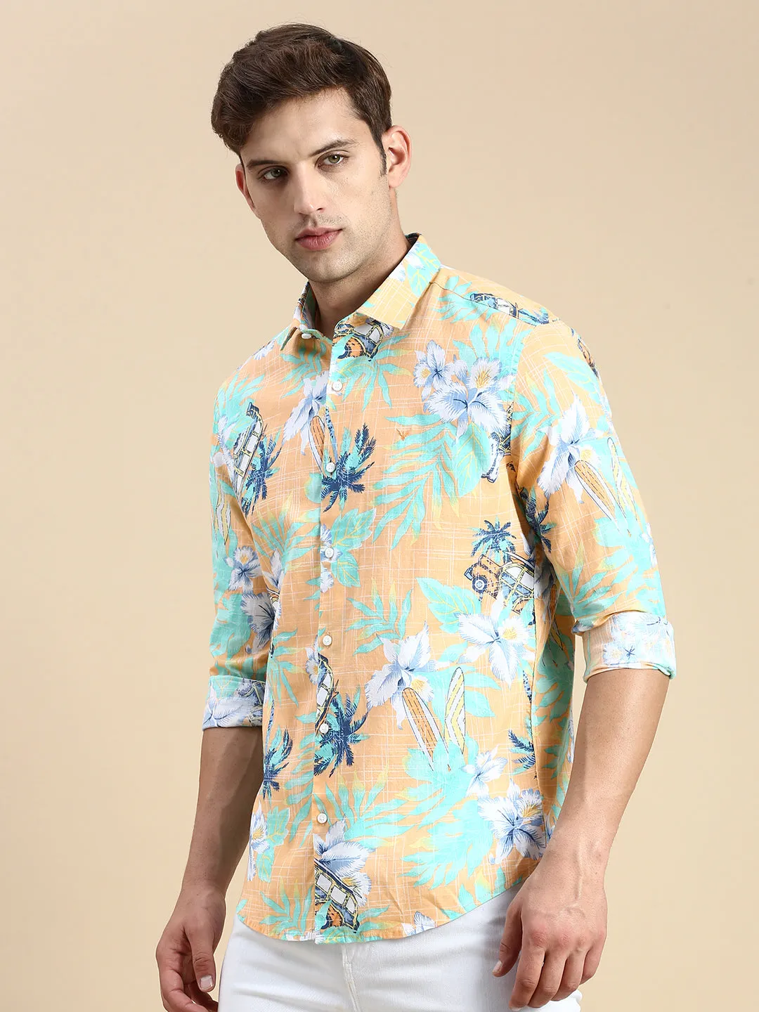Men Orange Printed Casual Shirt