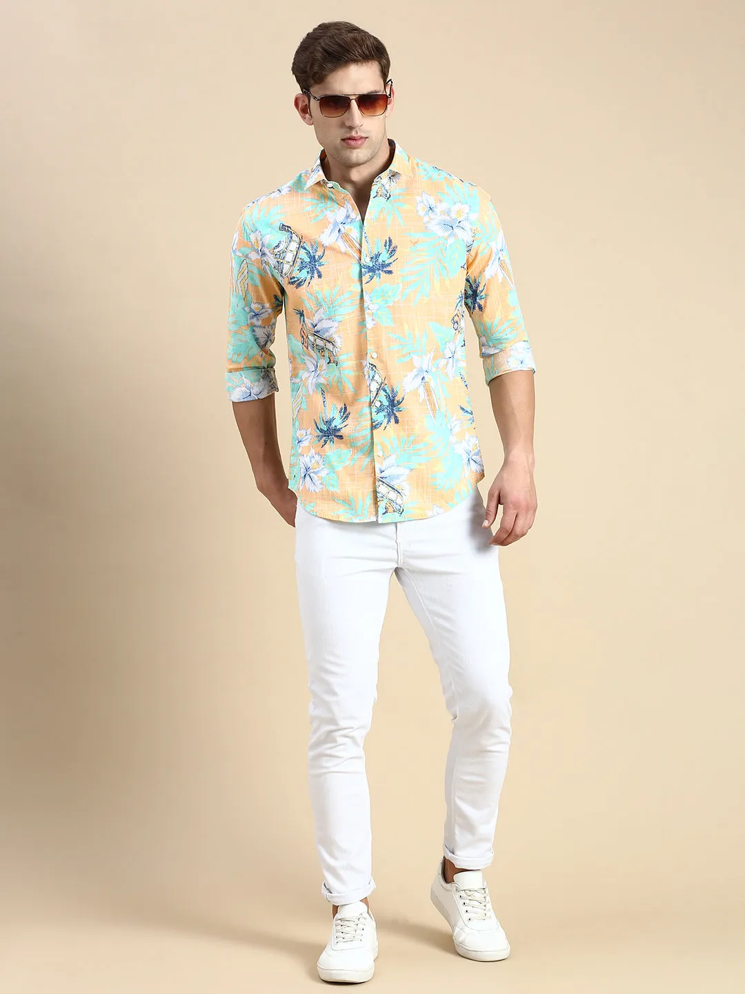 Men Orange Printed Casual Shirt