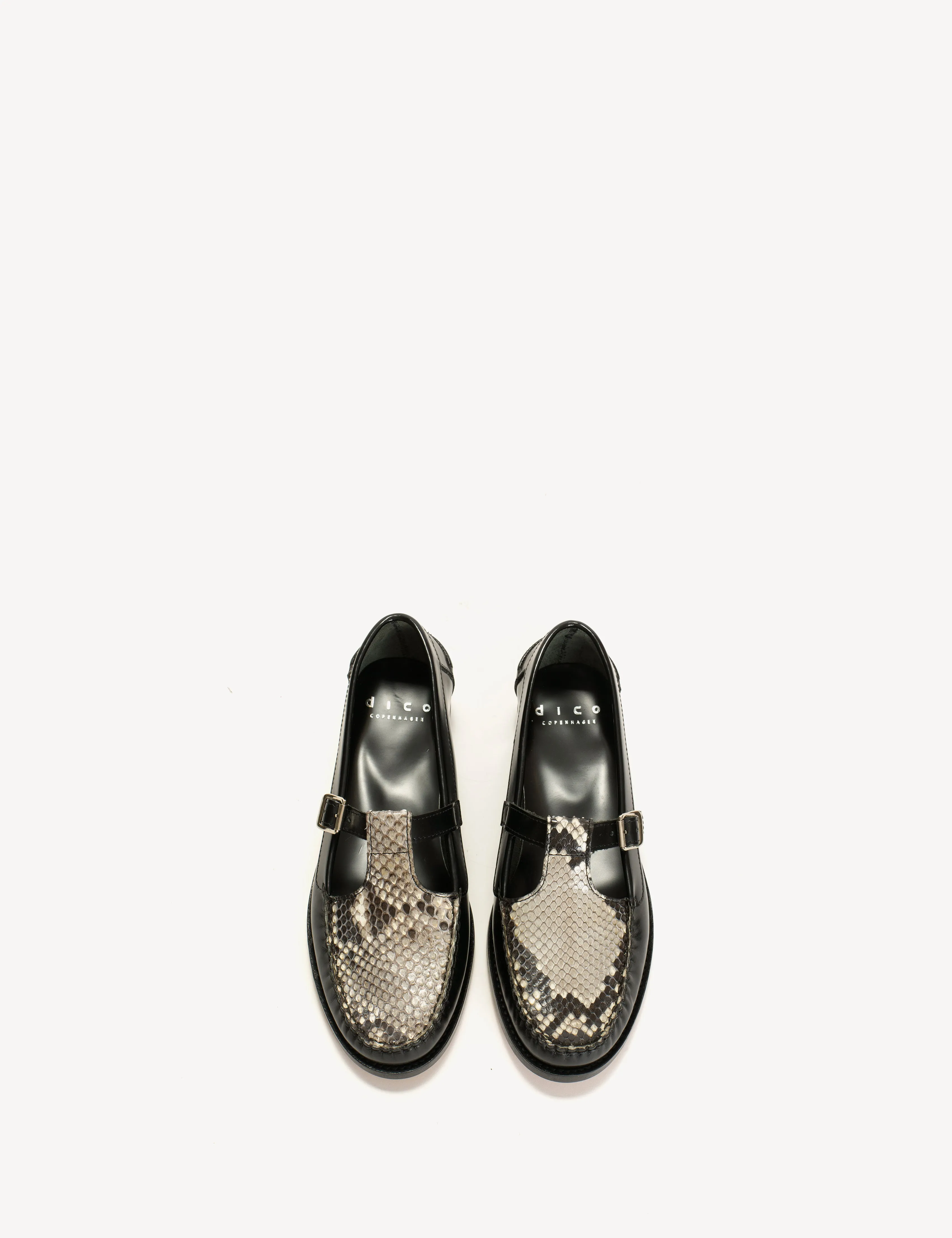 Moccasin T-Bar Loafer In Black Polido Leather And Python Skin