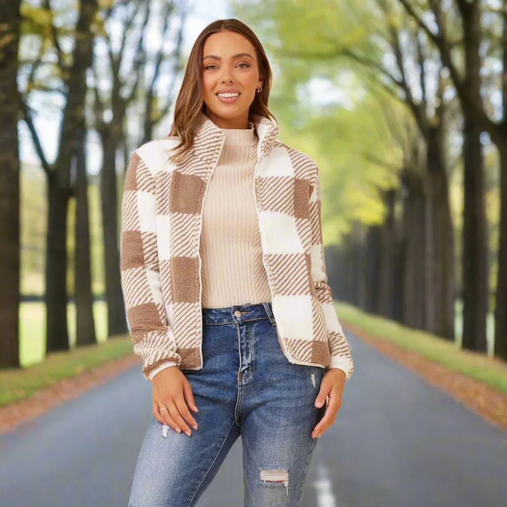 mocha Check Teddy Jacket - Mocha
