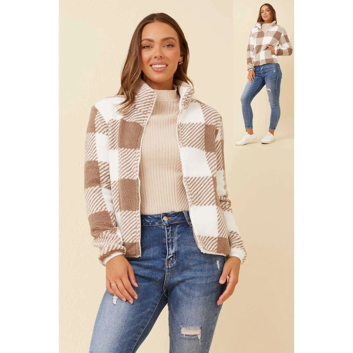 mocha Check Teddy Jacket - Mocha