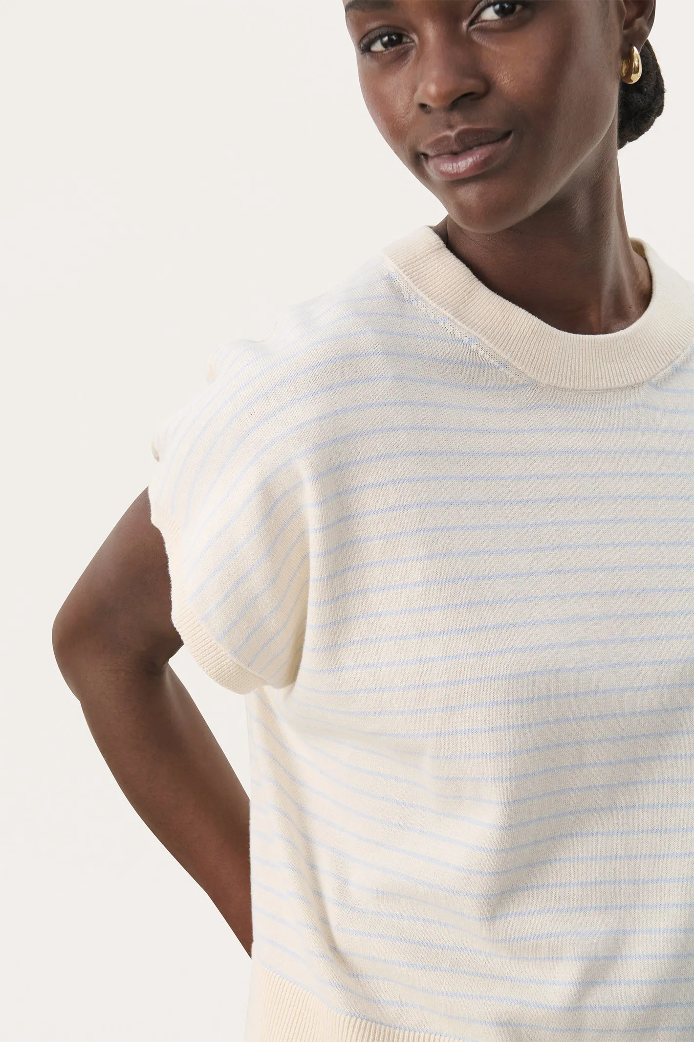 Part Two 30309534 NatayaPW Cap Sleeve Fine Knit T-Shirt Blue Whitecap Gray Stripe
