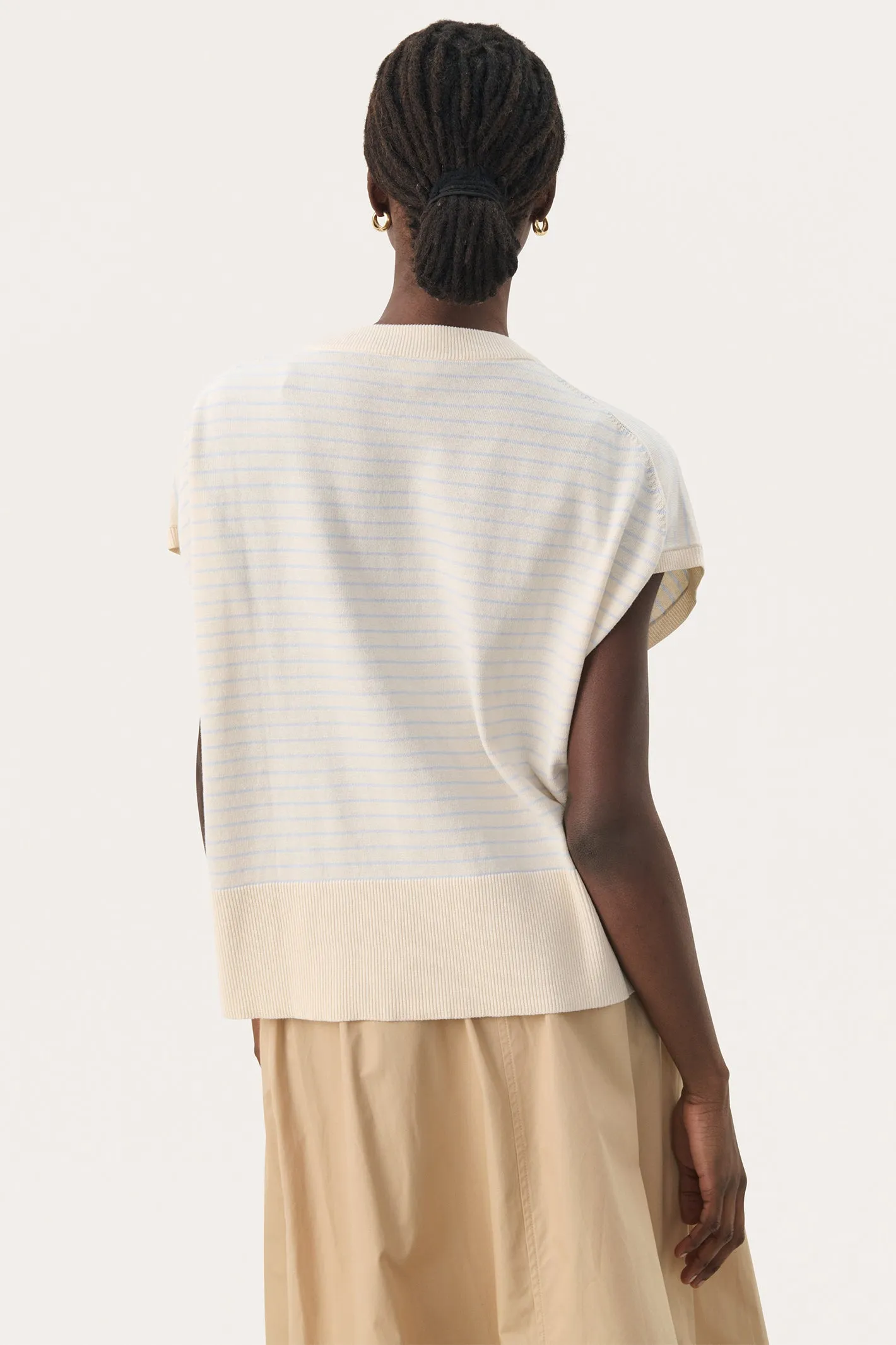 Part Two 30309534 NatayaPW Cap Sleeve Fine Knit T-Shirt Blue Whitecap Gray Stripe