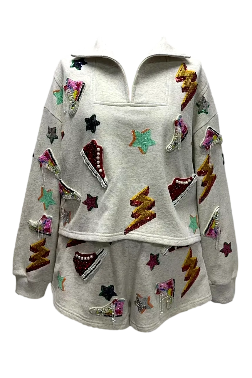 Queen Of Sparkles Grey Sneaker And Lightning Bolt Collar Sweatshirt