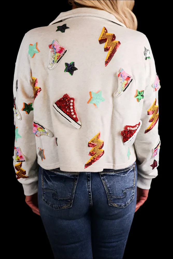 Queen Of Sparkles Grey Sneaker And Lightning Bolt Collar Sweatshirt