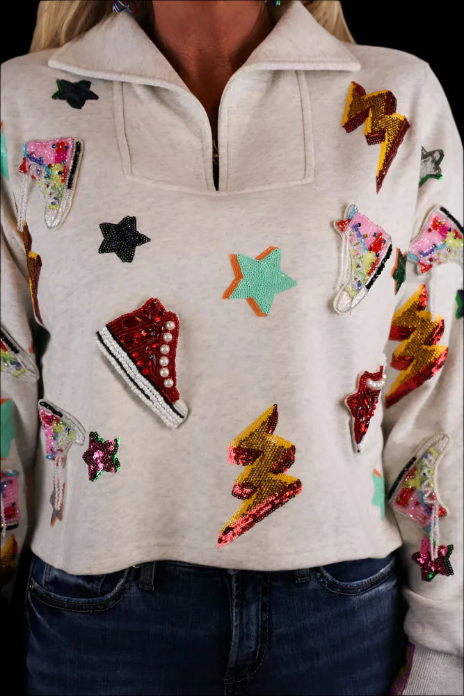 Queen Of Sparkles Grey Sneaker And Lightning Bolt Collar Sweatshirt