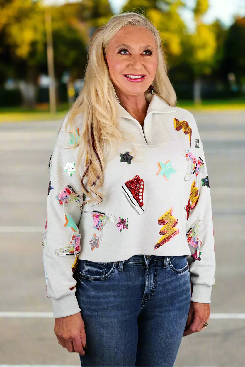 Queen Of Sparkles Grey Sneaker And Lightning Bolt Collar Sweatshirt