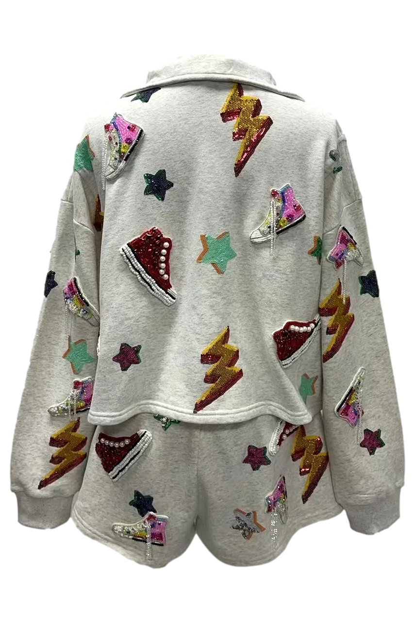 Queen Of Sparkles Grey Sneaker And Lightning Bolt Collar Sweatshirt