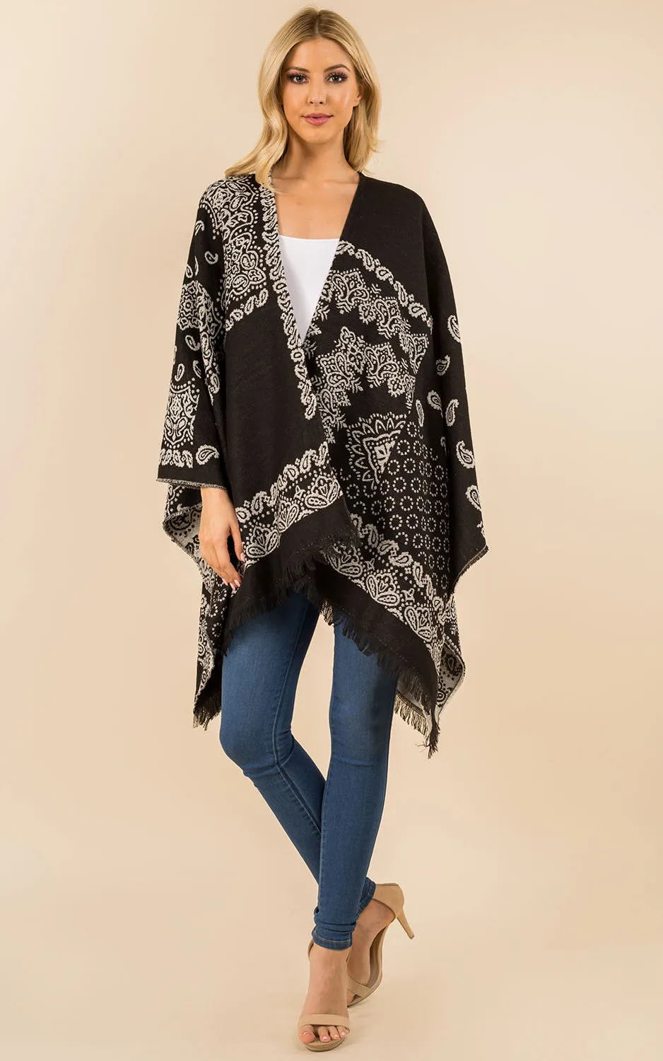 RA3351 Multi Pattern Ruana Shawl