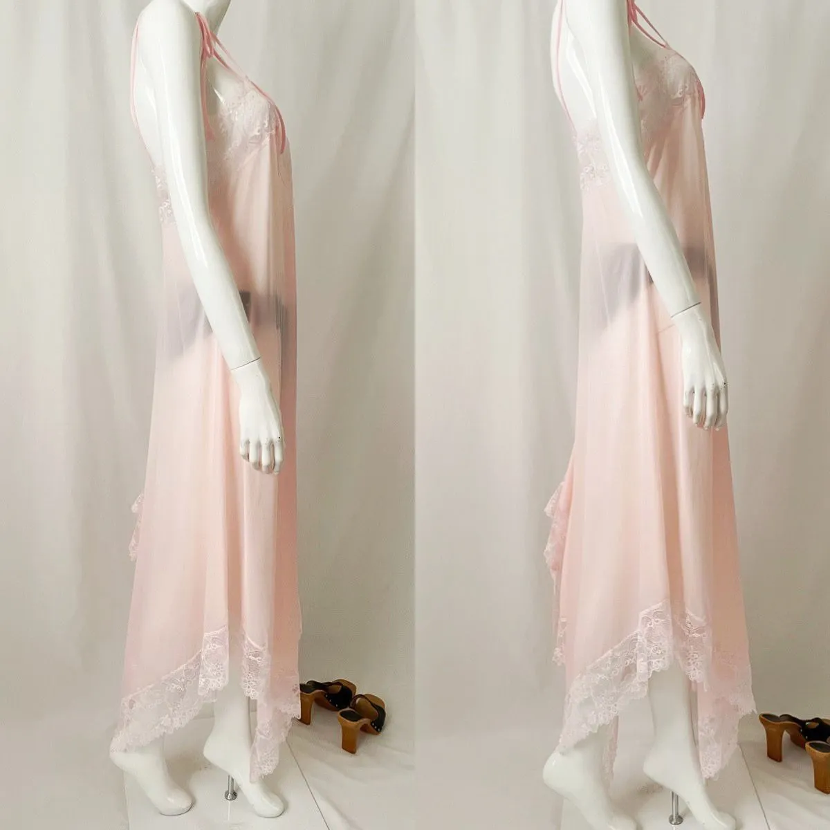 Vintage Pastel Pink Handkerchief Asymmetrical Lace Slip Dress
