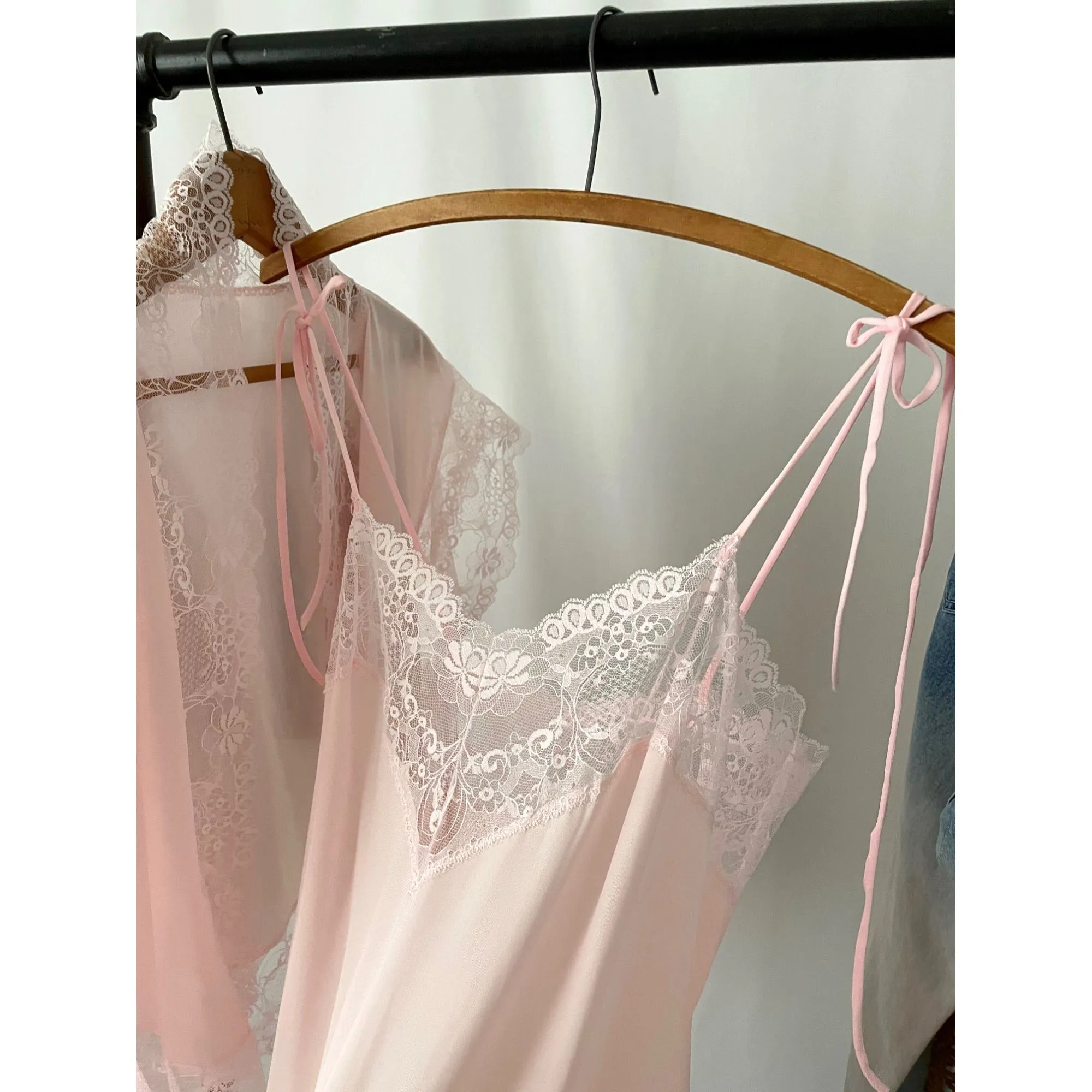 Vintage Pastel Pink Handkerchief Asymmetrical Lace Slip Dress