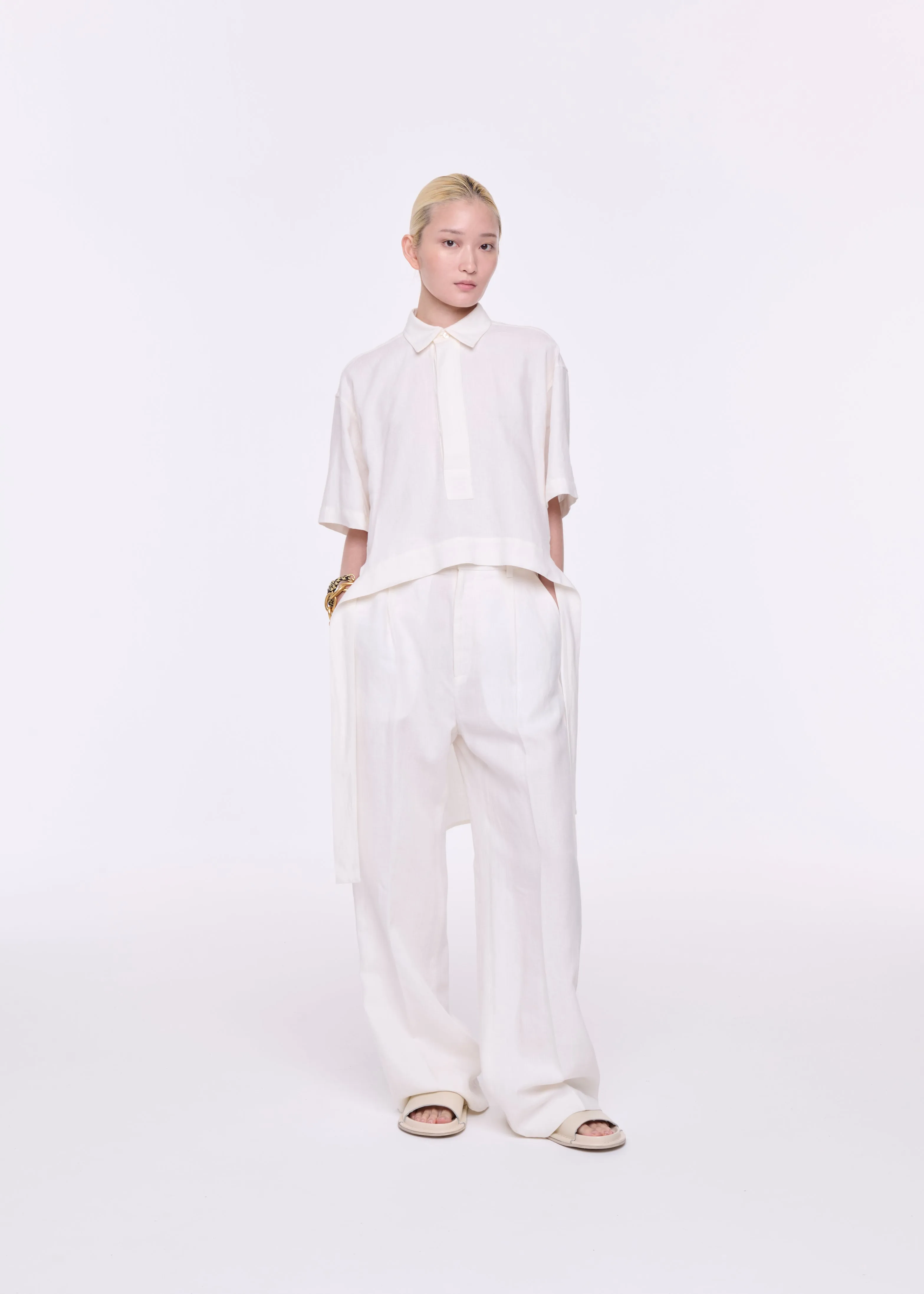 WHITE LINEN WIDE LEG TROUSERS