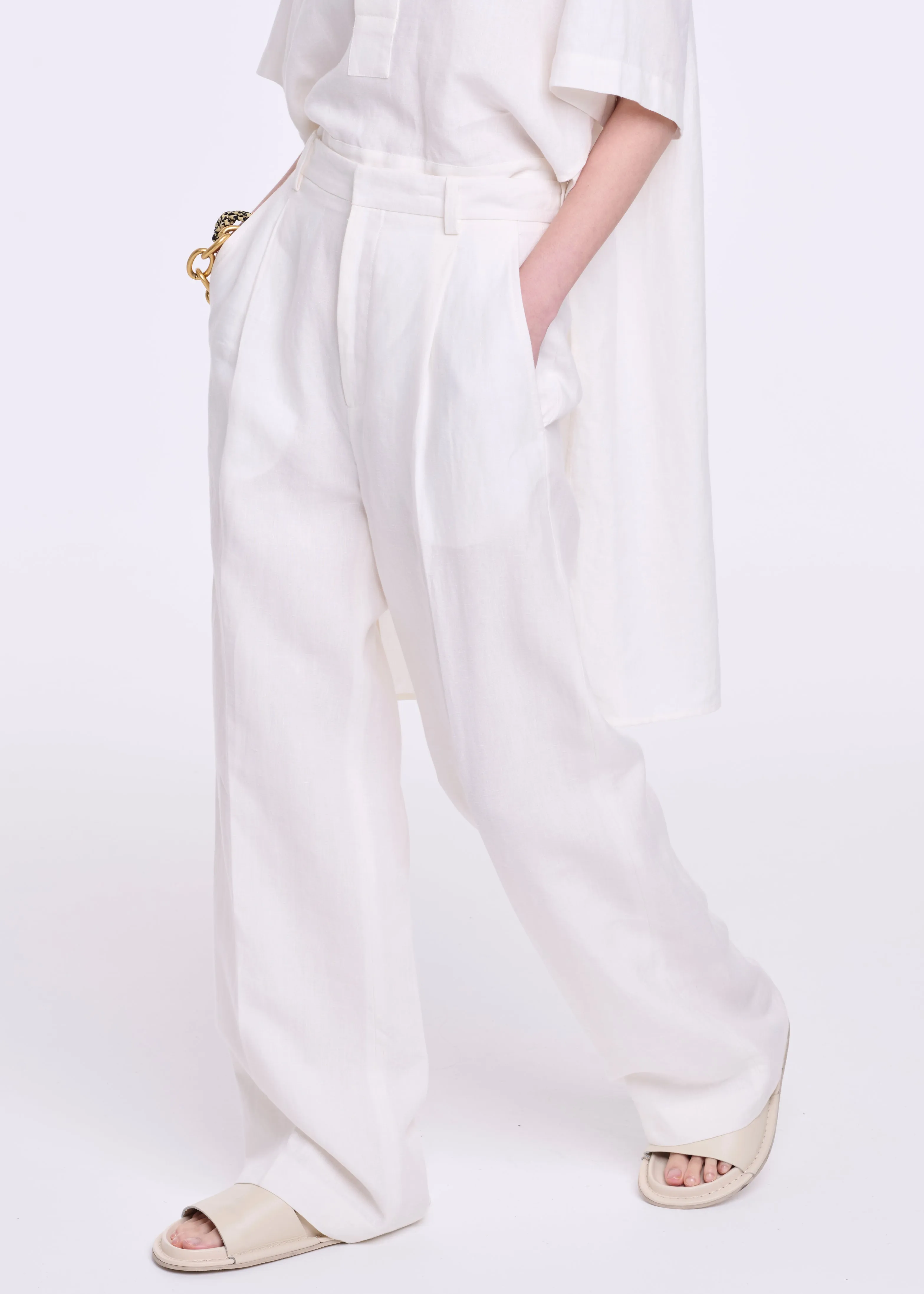 WHITE LINEN WIDE LEG TROUSERS