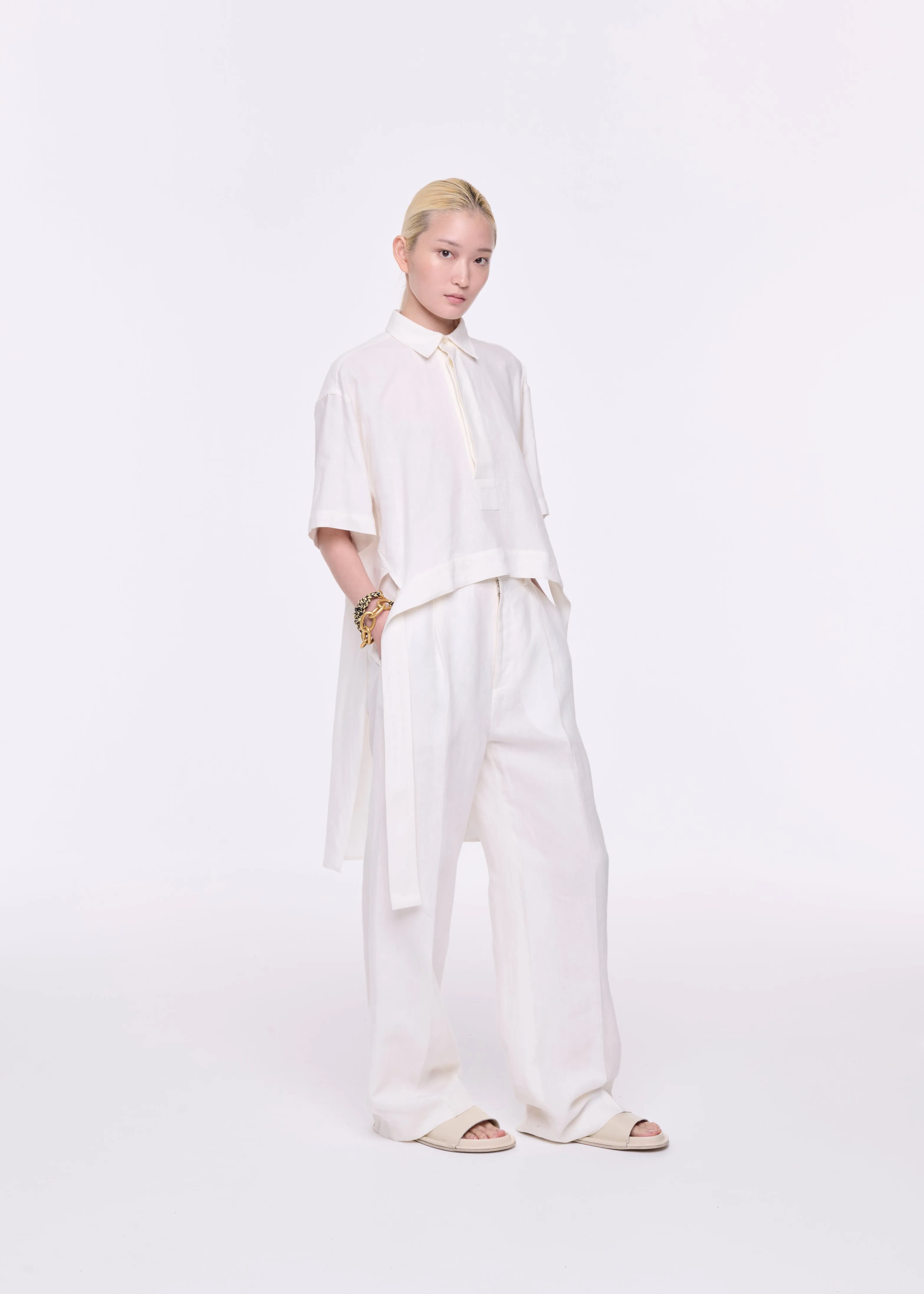 WHITE LINEN WIDE LEG TROUSERS