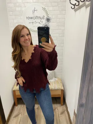 Winter Wonderland Distressed Sweater Plum